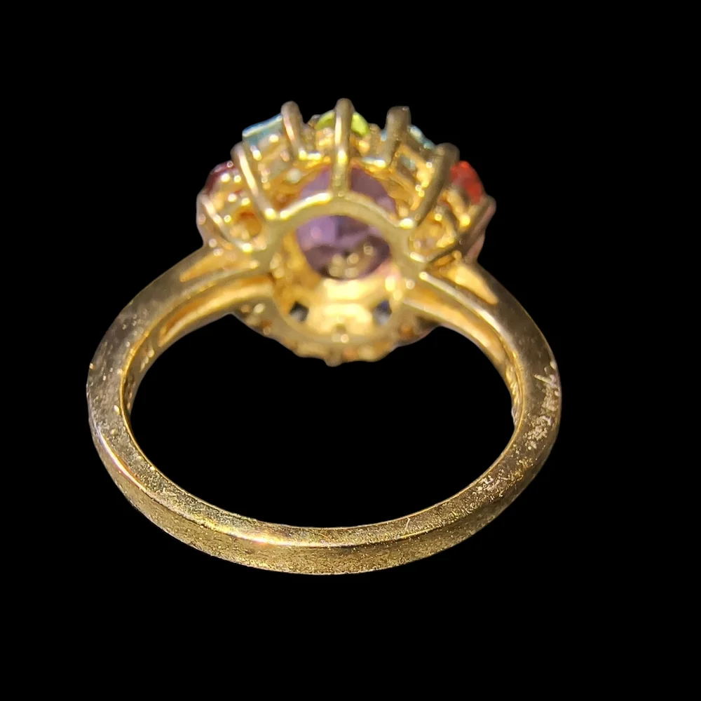 Multi Gemstone 18K Gold Over Sterling Silver Halo Ring